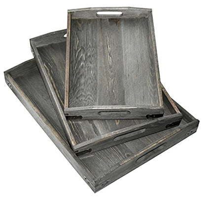 Owlgift Vintage Grey Wood Serving Trays with Brass Metal Wrap Accents, Set of 3