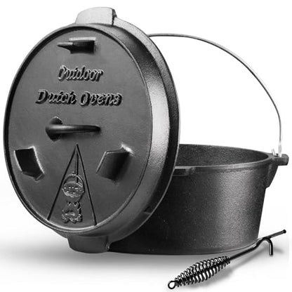 Camping Dutch Oven, 9 Qt Pre-Seasoned Cast Iron Camp Dutch Oven Pot with Lid - Lid Lifter, Cast Iron Dutch Oven with Metal Handle for Cooking BBQ Baking Campfire Modern Black