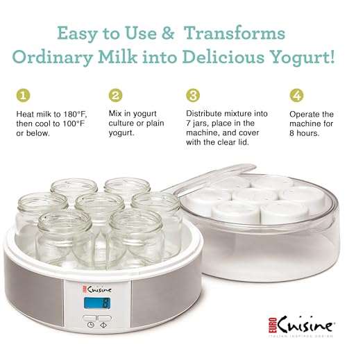 Euro Cuisine Yogurt Maker - YMX650 Automatic Digital Yogurt Maker Machine with Set Temperature - Includes 7-6 oz. Reusable Glass Jars and 7 Rotary Date Setting Lids for Instant Storage