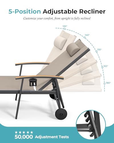 Ciokea Outdoor Lounge Chair with Pillow, 5-Position Aluminum Chaise Lounge with Wheels & Armrests, 400 lbs Heavy Duty Patio Pool Chair for Deck, Backyard, Beach & Poolside, Khaki