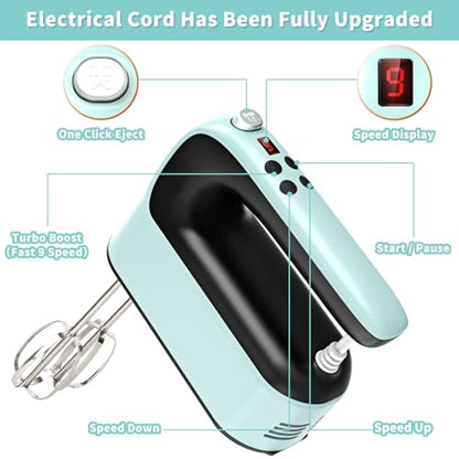 Yomelo 9-Speed Digital Hand Mixer Electric, 400W Powerful DC Motor, Hand Mixer Electric Handheld with Snap-On Storage Case, 5 Stainless Steel Accessories, Beaters, Dough Hooks, Whisk(Ice Blue/Black)