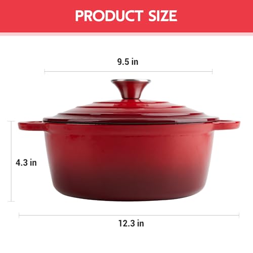4 Quart Dutch Oven Enameled Cast Iron with Lid - Big Dual Handles - Oven Safe up to 500°F - Classic Round Pot for Versatile Cooking Red