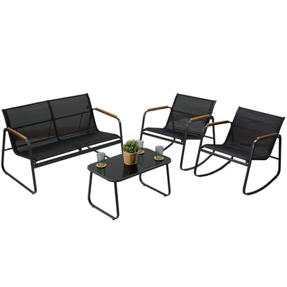 Kozyard 4-Piece Outdoor Patio Furniture Set with Textilene Chairs, Metal Conversation Set, Tempered Glass Coffee Table, Powder-Coated Steel Frame for Garden, Poolside, Backyard Black