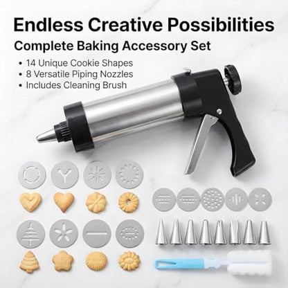 Stainless steel cookie press, cookie press gun set with 13 cookie press plates, a sponge brush and 8 piping nozzles, ideal for DIY Christmas cookies and decorative cookie nozzles, gift for women