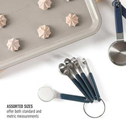 Calphalon Prime Measuring Spoons, Plastic Measuring Spoon Set, 5-Piece Stainless Steel Measuring Spoons Navy Silicone Handle Accurate, Durable for Spices and Small Portions