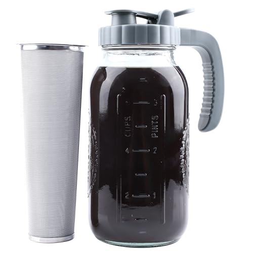 Cold Brew Coffee Maker 64 OZ Mason Jar Cold Brew Pitcher With Infuser 2 Quart Wide Mouth Iced Coffee Maker With Pour Spout Lid And Handle Half Gallon Airtight & Leakproof Pitcher For Fridge