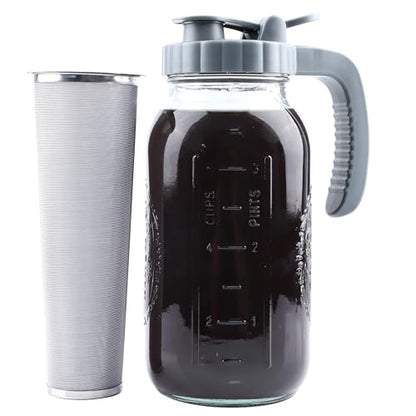 Cold Brew Coffee Maker 64 OZ Mason Jar Cold Brew Pitcher With Infuser 2 Quart Wide Mouth Iced Coffee Maker With Pour Spout Lid And Handle Half Gallon Airtight & Leakproof Pitcher For Fridge