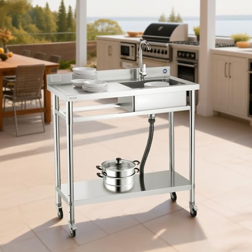 VEVOR Stainless Steel Utility Sink, Rolling Single Bowl Commercial Kitchen Sink with Wheels,Faucet and Hot & Cold Water Pipe,Utility Basin Workbench for Garage Restaurant Laundry 39.4 x 19.7 x 41.5 in