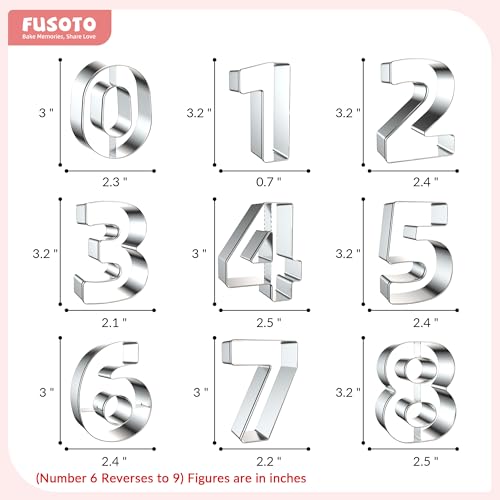 FUSOTO 9PCS Number Cookie Cutters Set, Birthday Numbers 0-8(6 Reverses to 9), Stainless Steel Cookie Cutters for Baking, Number Shaped Baking Tool for Homemaking Biscuits, Cookie, Dough