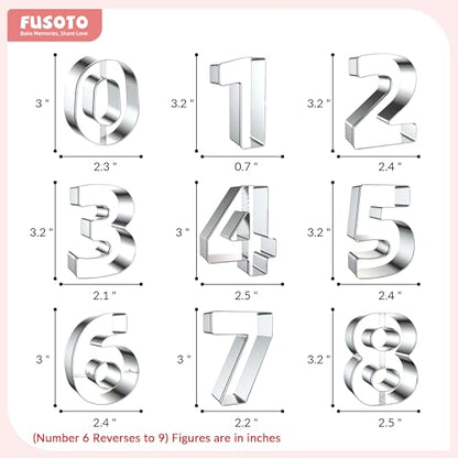 FUSOTO 9PCS Number Cookie Cutters Set, Birthday Numbers 0-8(6 Reverses to 9), Stainless Steel Cookie Cutters for Baking, Number Shaped Baking Tool for Homemaking Biscuits, Cookie, Dough