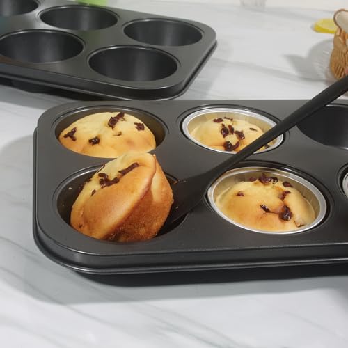 Bakexcel Non-Stick Muffin Pans, 6-Cup Set of 2 Jumbo Baking Pans with a Spatula for Extra-large Muffins & Cupcakes