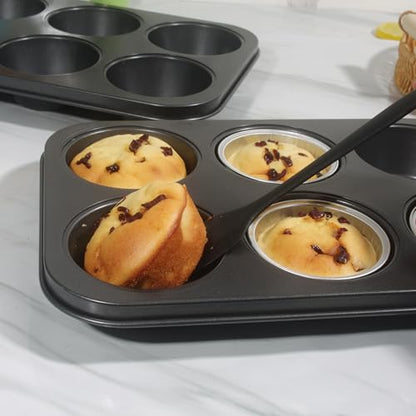 Bakexcel Non-Stick Muffin Pans, 6-Cup Set of 2 Jumbo Baking Pans with a Spatula for Extra-large Muffins & Cupcakes