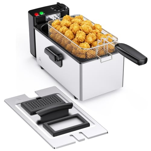 NEWBULIG Deep Fryer with Basket, 3 Liter Electric Deep Fryer with 1500W Power, Adjustable Temperature, Lid with Viewing Window for Fried Chicken, Shrimp, French Fries, Silver