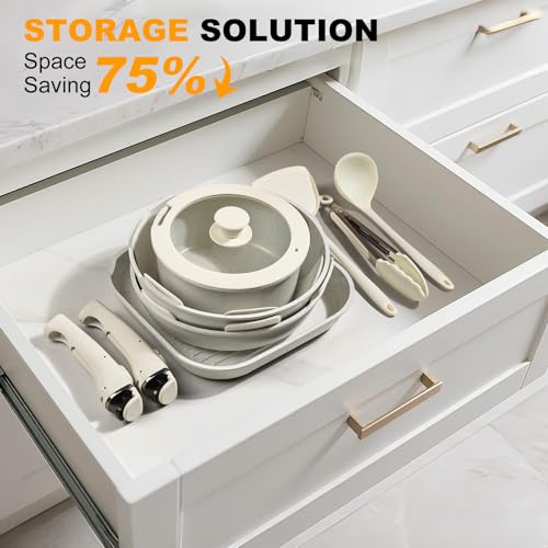 Tibbicc 20-Piece Ceramic Nonstick Cookware Set – Induction Compatible, Non-Toxic Pots & Pans with Removable Handles, Dishwasher & Oven Safe Stackable RV/Camping Cookware Cream White