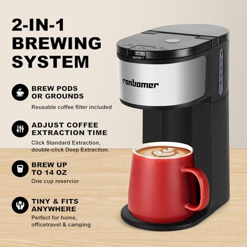 Ranbomer K Cup Coffee Maker, Single Serve coffee machine or Ground Coffee Machine 2 in 1, 6 to 14 Oz Brew Sizes, Mini One Cup Coffee Maker with Self cleaning Function.