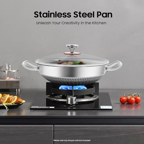 WINNIESHOP Hybrid Frying Pans Nonstick Paella Pan with Lid 14 Inch Stainless Steel Deep Skillet Large Frying Pan Big Pan for Cooking, Suitable for All Cooktops Including Induction (12.59 Inch)