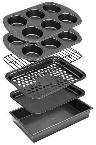 NutriChef 6-Piece Toaster Oven Bakeware Set, Compact Non-Stick Stackable Baking Pan Set with Muffin Pans, Roasting Tray & Baking Sheets, Durable Stain-Resistant Carbon Steel Design for Toaster Ovens