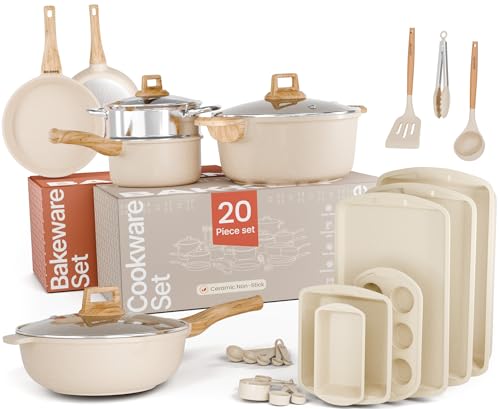 Bakken Master 20 Piece Cookware Set - Pots and Pans with Handle Grips and Tempered Glass Lids, With 6-piece Bakeware Set, Nonstick Granite Coating, Ceramic Max Temperature (Up To 500° F), Cream