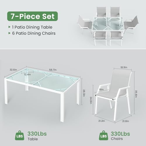 Jocoevol 7 Piece Patio Dining Sets for 6, Outdoor Table and Chairs Set with 59in Patio Dining Table and 6pcs Textilene Chairs, All Weather Furniture Set for Backyard Deck Garden