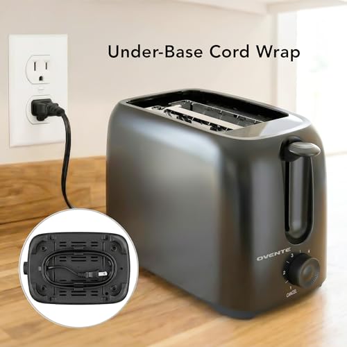 OVENTE Electric 2 Slice Toaster Machine with 6-Shade Browning Selector Setting, Compact Design and Removable Crumb Tray, 700W Power Perfect for Toasting Bread, Thin Bagels and Waffles, Black TP2210B