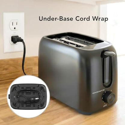 OVENTE Electric 2 Slice Toaster Machine with 6-Shade Browning Selector Setting, Compact Design and Removable Crumb Tray, 700W Power Perfect for Toasting Bread, Thin Bagels and Waffles, Black TP2210B