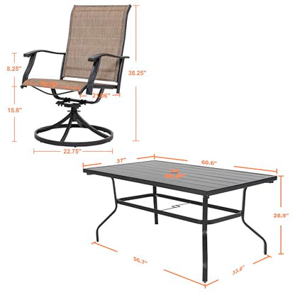 NUU GARDEN 7 Piece Outdoor Dining Set, 6 Swivel Patio Chairs and 1 Dining Table with 1.57 Inch Umbrella Hole, Iron Patio Furniture Set for Lawn Backyard Balcony, Black and Brown