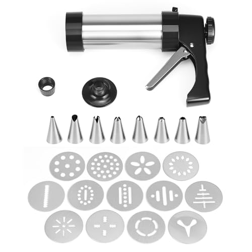 QWORK Stainless Steel Cookie Press Kit – 13 Discs & 8 Tips for Soft Dough, Frosting & Baking Decor