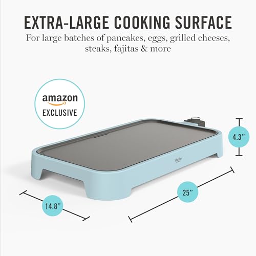 Martha Stewart 12” x 22” Electric Griddle, XL Ceramic Nonstick Flat Top Cooking Surface, Adjustable Temperature Dial, Drip Tray, Dishwasher Safe, 1500W Fast Even Heating, Pancakes & Eggs, Sky Blue