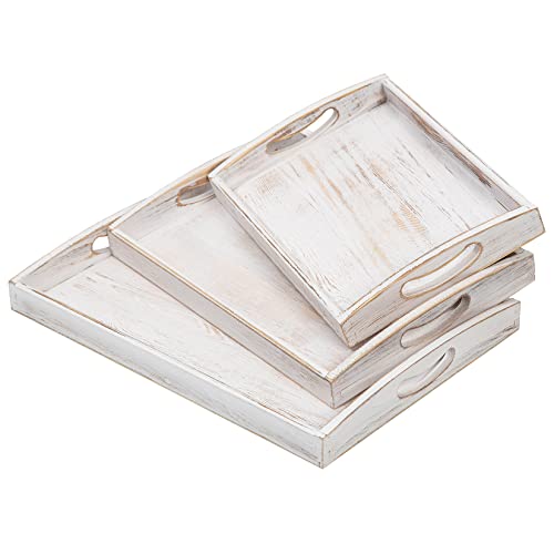 Country Rustic Wood Nesting Dinning Breakfast Serving Trays with Wood Handles, Set of 3,Can Put Food, Fruit, Plates