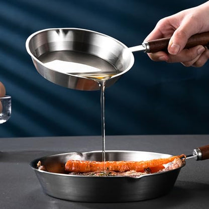 6 Inch Frying Pan, Mini Stainless Steel Nonstick Frying Pan Skillet for Cooking Omelets, Small Cooking Pan with Cooling Wood Handle for Cooktops Cooking Omelets, Eggs, Steaks (Silver S)