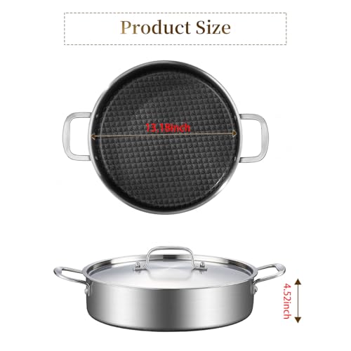 DELARLO 8 Quart Tri-Ply Stainless Steel Non Stick Braiser Pan with Lid, 13 Inch Deep Frying Pan, Large Saute Pan, Jumbo Cooker, Induction Compatible, Heavy Duty and Oven Safe