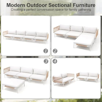 VredHom 4 Piece Modern Outdoor Sectional Sofa, 31" Oversized Patio Furniture Set with Olefin Woven Rope, Weather-Resistant Metal Frame and Removable Cushion, Beige