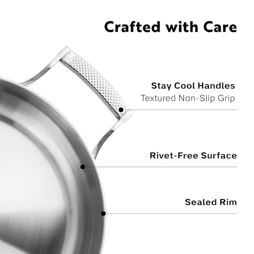PROCASA 3 Quart Braiser Pan with Lid - Fully Clad Tri Ply Stainless Steel Saute Pan - Heat Resistant Handles - Coating-Free, PFAS-Free Non Toxic Cookware - Induction, Oven & Dishwasher Safe