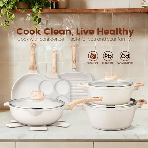 AOSION 27PCS Pots and Pans Set, Nonstick Ceramic Cookware Set, Healthy Kitchen Cooking Set with Gloves, Apron, Silicone Tools & Pot Protectors, Oven & Dishwasher Safe, PFOA/PFOS Free，Ivory