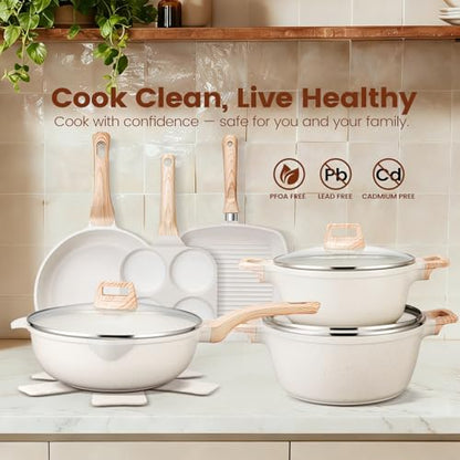 AOSION 27PCS Pots and Pans Set, Nonstick Ceramic Cookware Set, Healthy Kitchen Cooking Set with Gloves, Apron, Silicone Tools & Pot Protectors, Oven & Dishwasher Safe, PFOA/PFOS Free，Ivory