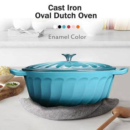 NSIRONS Enameled Dutch Oven Pot with Lid, 7 QT Cast Iron Dutch Oven with Dual Handles, Oval Dutch Oven for Cooking, Bread Baking, Frying, Non-stick Enamel Coated Oven (Blue-Green)
