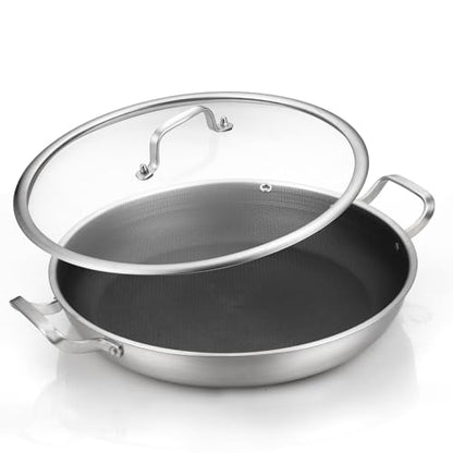 DELARLO 13 Inch Tri-Ply Stainless Steel Paella Pan with Lid Nonstick Frying Pan, Hybird Induction Large Skillets,Great for Paella Parties Indoors Outdoors,Heavy Duty Style