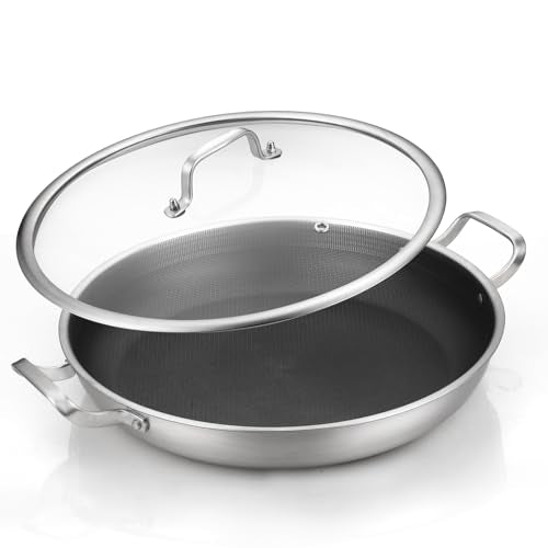 DELARLO 13 Inch Tri-Ply Stainless Steel Paella Pan with Lid Nonstick Frying Pan, Hybird Induction Large Skillets,Great for Paella Parties Indoors Outdoors,Heavy Duty Style