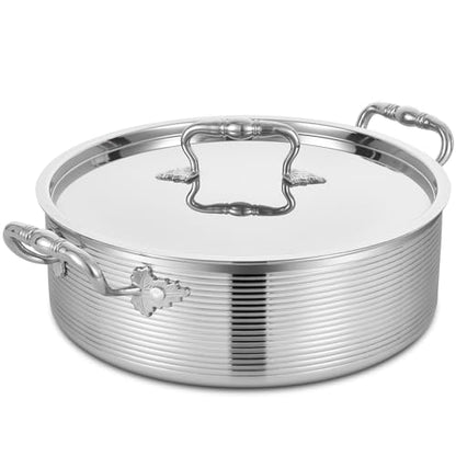 Inqibee Tri-Ply Stainless Steel 8 Quart Rondeau Pot with Lid Braiser Pan, 13 inch Deep Frying Pan, Versatile Cookware, Large Saute Pan, Compatible With All Cooktops, Induction Compatible, Oven-Safe