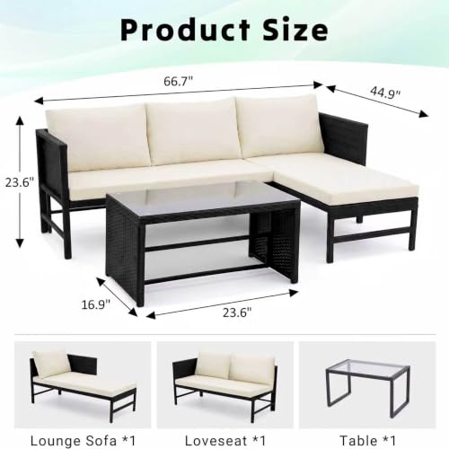 Tappio 3 Pieces Patio Furniture Sectional Sets, 3-Piece Outdoor PE Rattan Furniture Sets, Outdoor All-Weather PE Rattan Wicker Lawn Conversation Sets with Cushion and Glass Table (Begie)