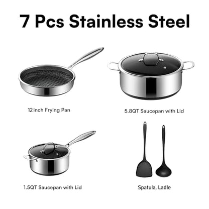 7-Piece 5 Ply Stainless Steel Cookware Set with Lids, Pots and Pans Set Non Stick, Non-Toxic, for Induction, Oven, Dishwasher Safe, RV Essentials, Kitchen Appliances