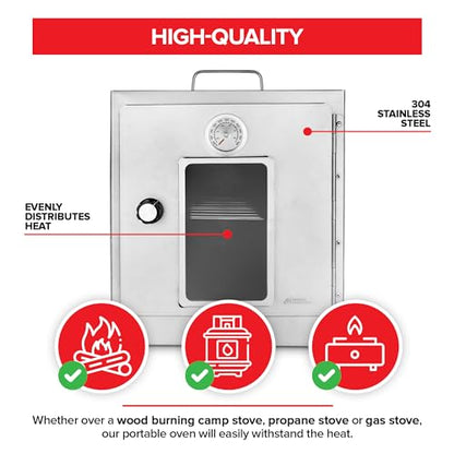 Modern Innovations Portable Camping Oven, Folding Camping Stove for Baking Cinnamon Rolls, Breads, and Muffins, Outdoor Portable Oven for Use with Wood Burning Fire, Propane Stoves, Campers, and More
