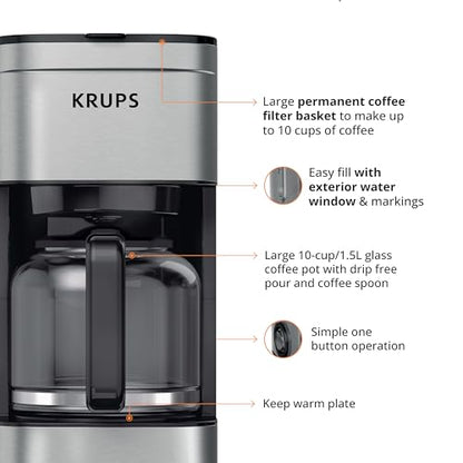 KRUPS Coffee Maker 10 Cups Simply Brew Stainless Steel Drip Coffee Maker, 900 Watts Coffee Filter, Drip Free, Dishwasher Safe Pot , Black & Silver