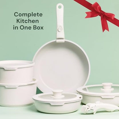 Pinnacle Cookery 15-Piece White Granite Nonstick Cookware Set – Detachable Handles & Tempered Glass Lids – Stackable & Cool-Touch - Induction & Oven Safe to 480°F - Scratch-Resistant, PFOA & PFOS-Free