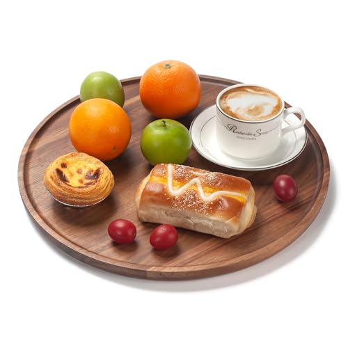 Round Wood Tray, Acacia Wooden Decorative Serving Tray for Coffee Table and Home Decor, Wooden Appetizer Charcuterie Board for Kitchen Countertop (13.8 inch)
