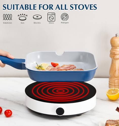 KOCH SYSTEME CS 9.5 Inch Nonstick Grill Pan for Stove Tops, Square Frying Pan with Pour Spouts, Square Pan for Indoor Cooking, Grill Skillet with Bakelite Handle, PTFE & PFOA Free, Blue