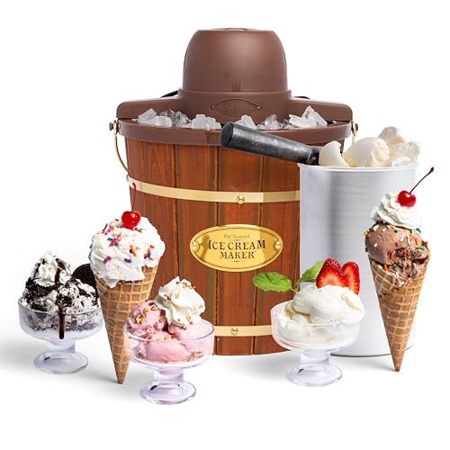 Nostalgia Electric Ice Cream Maker - Old Fashioned Soft Serve Ice Cream Machine Makes Frozen Yogurt or Gelato in Minutes - Fun Kitchen Appliance - Vintage Wooden Style - Dark Wood - 4 Quart
