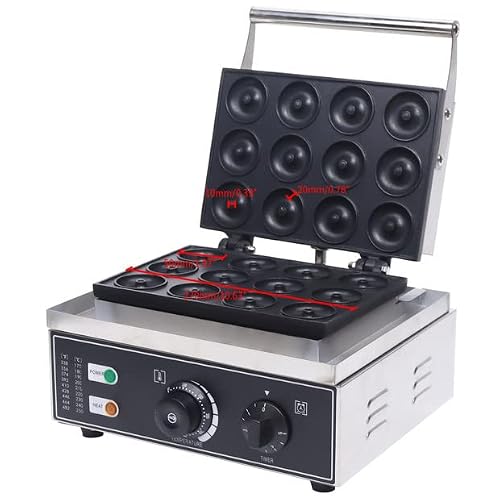 LOYALHEARTDY Electric Mini Donut Maker, 110V 1550W Nonstick Commercial & Home Use, Black, Modern Style, Stainless Steel & Aluminum, 12 Donuts at a Time