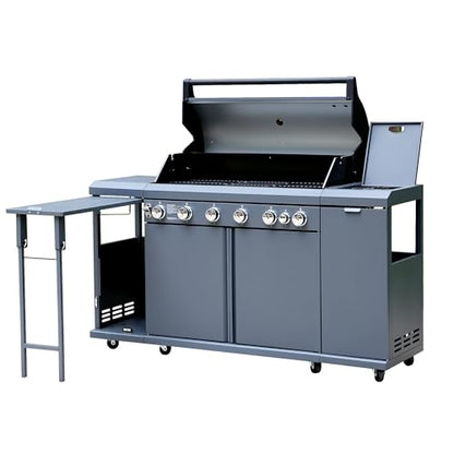 Flintex 6-Burner Propane Gas Kitchen Grill Island with Side Burner,72,000 BTU Stainless Steel BBQ Outdoor Griddle Grill Combo with LPG/NG Convertible and Storage Cabinets & Fold-out Table, Gray