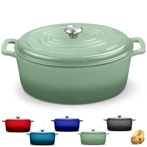 ROSSALLINI Signature Enameled Cast Iron Oval Dutch Oven | Non-Stick Serving Pot with Tight Fitting Lid for Perfect Roasting, Baking, Sauteing, and Bread Making | 9.5Q [Sage]